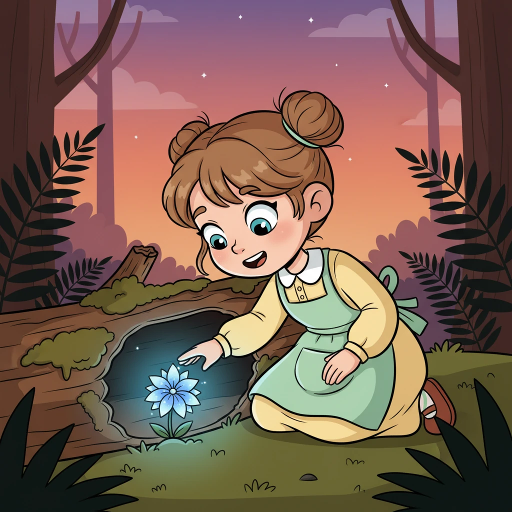 As the sun painted the sky with hues of orange and pink, Luna spotted a faint, shimmering blue light hidden beneath a mossy log. It was a flower, unlike any she had ever seen, glowing softly as twilight deepened. Its petals pulsed with a gentle, otherworldly luminescence.