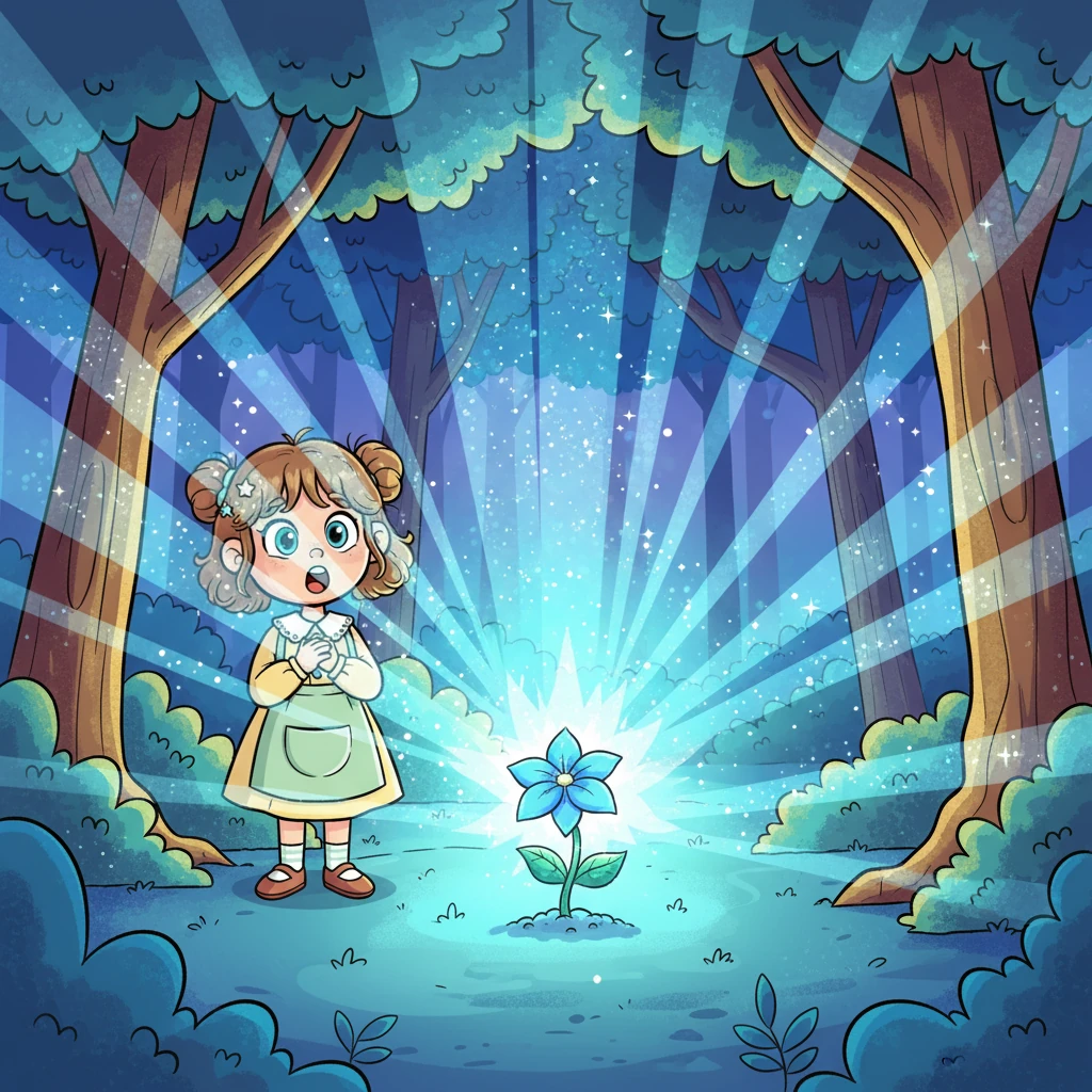 Immediately, the Starflower burst into a dazzling, brilliant light, sending soft, sparkling dust swirling into the evening air. The blue glow spread outwards, painting the surrounding forest with a magical sheen. It was a breathtaking spectacle of pure enchantment.