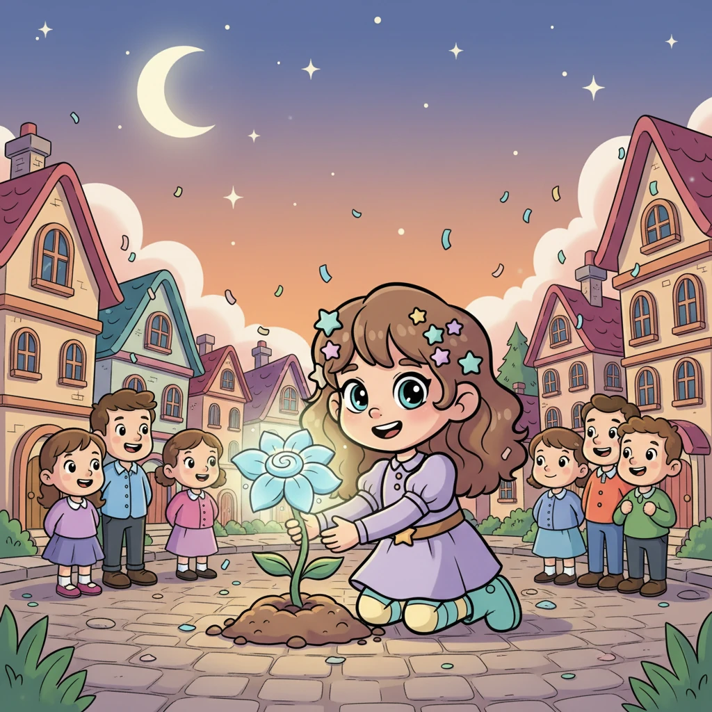 With immense joy and care, Luna gently planted the Starflower in the center of the village square. Its soft blue glow became a constant, beautiful reminder of happiness and magic. From that day forward, Luna and the Starflower ensured the village remained a place of endless smiles and joyful laughter.