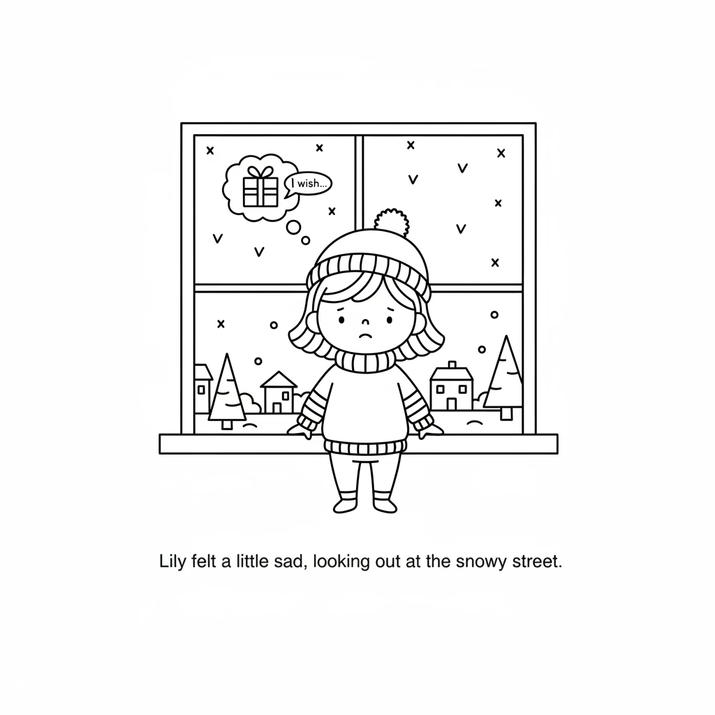 Little Lily looked out her window at the snowy street. She felt a little sad, thinking about all the shiny toys other children might get. Her family d