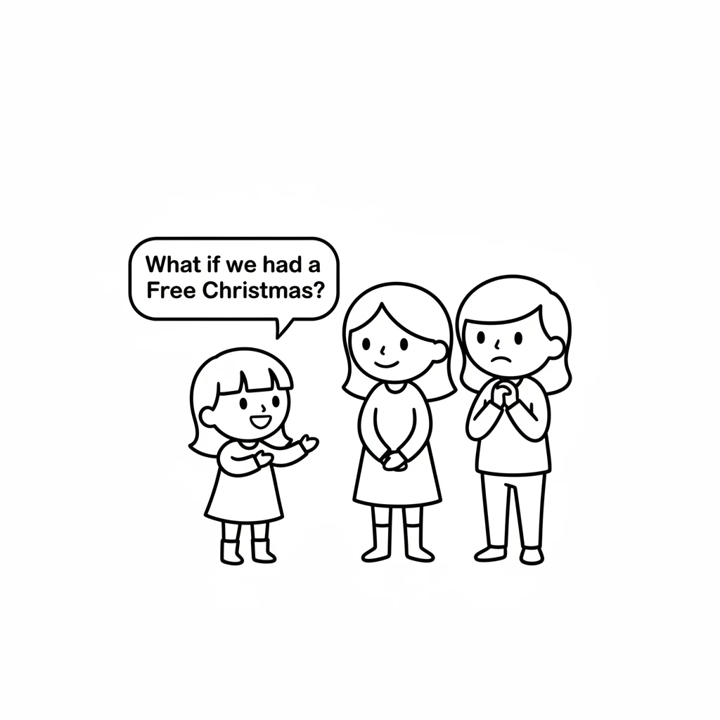 Lily ran to her parents, her eyes shining. "What if we had a Free Christmas?" she asked. Her parents listened carefully, their faces full of thought.