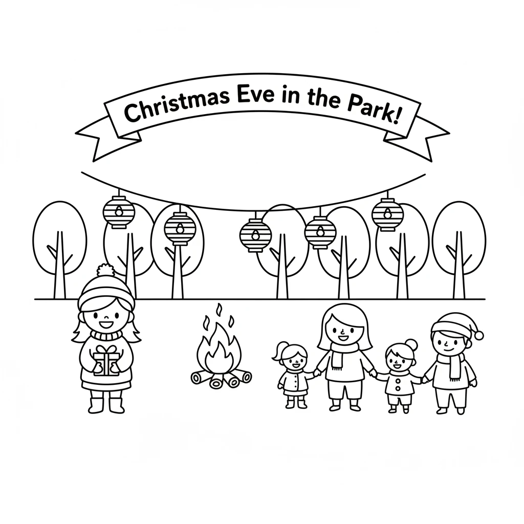 On Christmas Eve, the town park was transformed! Simple paper lanterns hung from trees. A big, happy bonfire glowed. Families began to arrive, wrapped