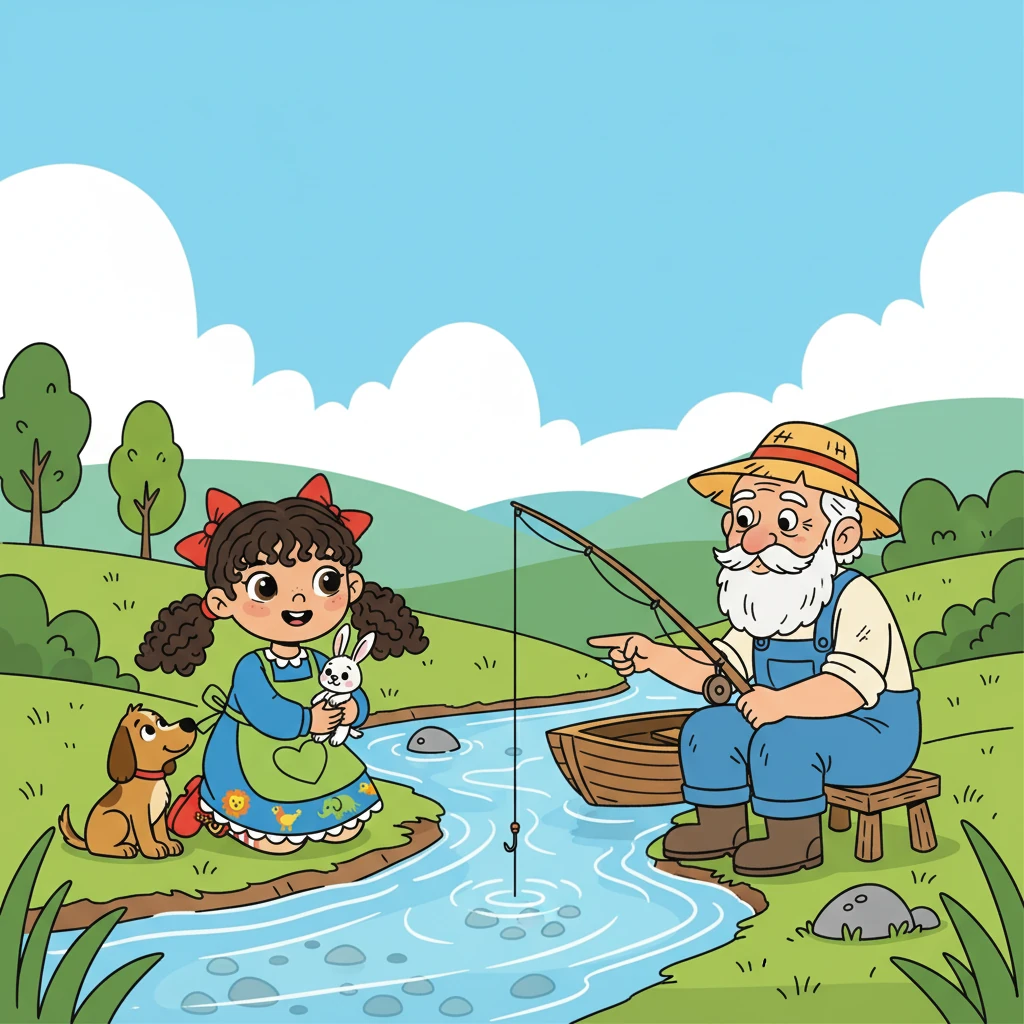 Mais adiante, eles chegaram a um rio cristalino, onde conheceram um velho pescador. Ele contou a Sofia sobre a importância de respeitar a natureza e cuidar dos animais, ensinando-a a valorizar cada ser vivo.