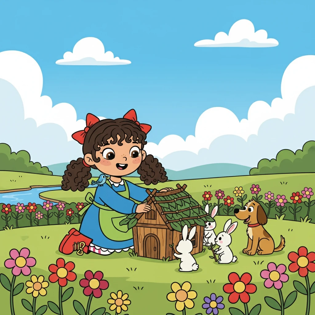 Atravessando o rio, Sofia e Amigo chegaram a um campo cheio de flores vibrantes. Lá, encontraram uma família de coelhos, que precisavam de ajuda para encontrar um novo lar. Sofia, com sua gentileza, ajudou-os a construir uma casa segura e feliz.