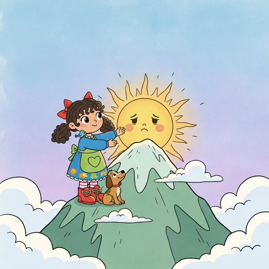 Finalmente, eles chegaram ao topo da montanha, onde o Sol Mágico estava escondido. Sofia descobriu que o sol estava triste porque se sentia sozinho. Ela prometeu ser sua amiga e compartilhar suas alegrias e tristezas.