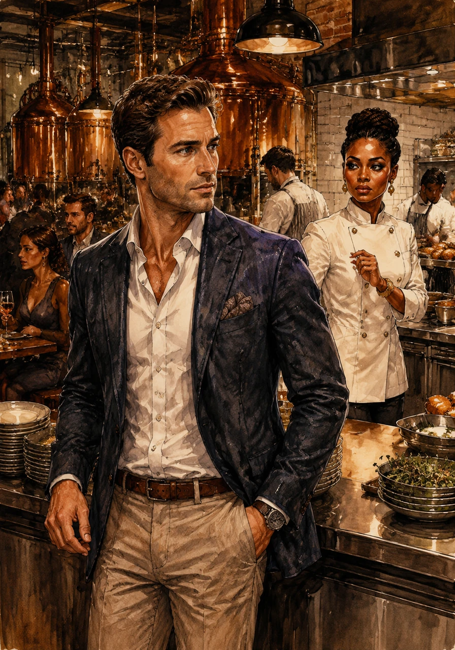 The evening rush is in full swing at the sleek, industrial-chic restaurant and brewery, where warm light glows off copper beer vats and the sweet aroma of freshly baked burger buns drifts from the separate pastry kitchen. Jonathan stands by the pass in a tailored suit, his sharp eyes scanning the floor, while his ex-fiancée Marie works conspicuously in the background, trying to catch his eye.