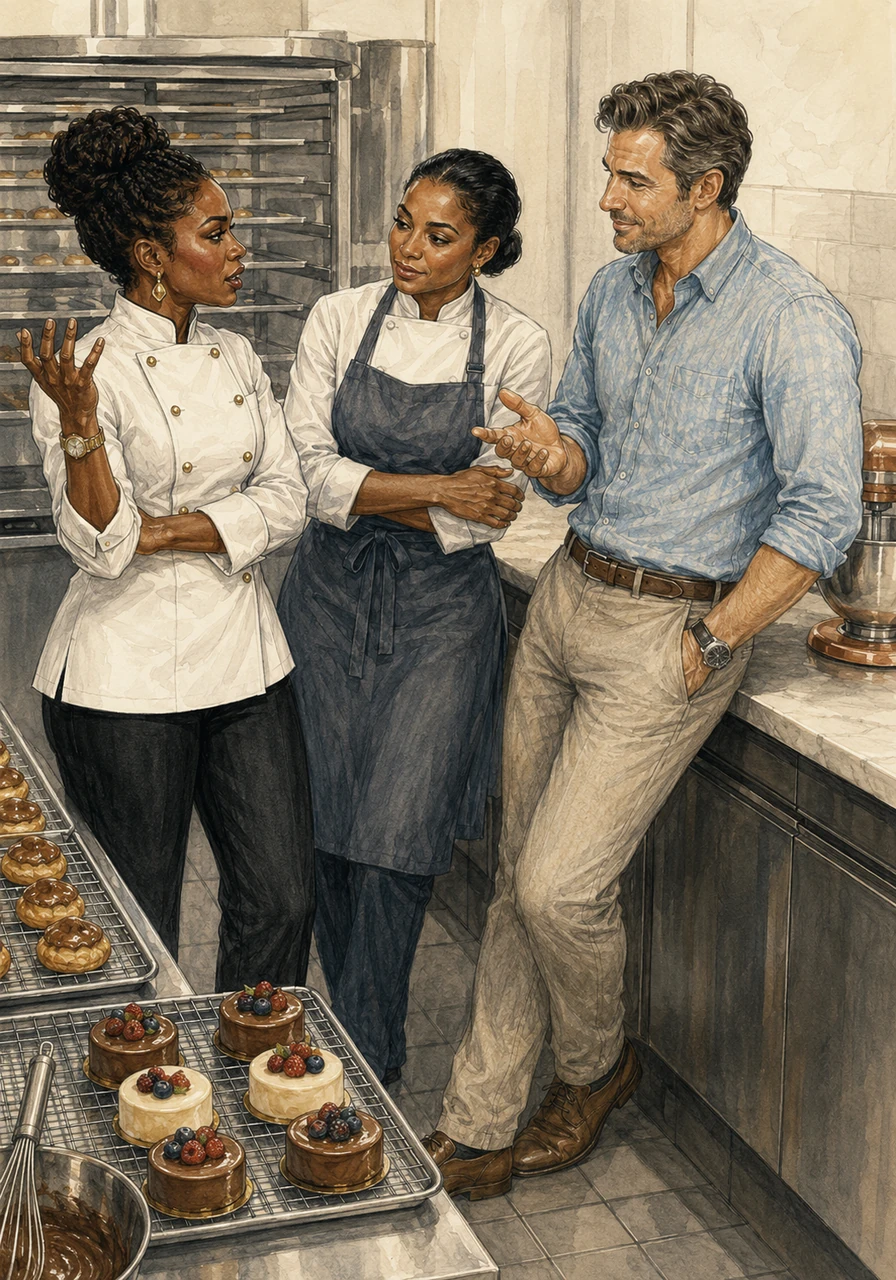 Seeking a reprieve from the tension, Mbali vents to her calm and sophisticated pastry sous chef, Sage, near the cooling racks. Sage listens with an empathetic smile while her boyfriend, Executive Chef Marvin, leans against the counter with big-brother warmth, offering grounding advice about Jonathan's heavy-handed management style.