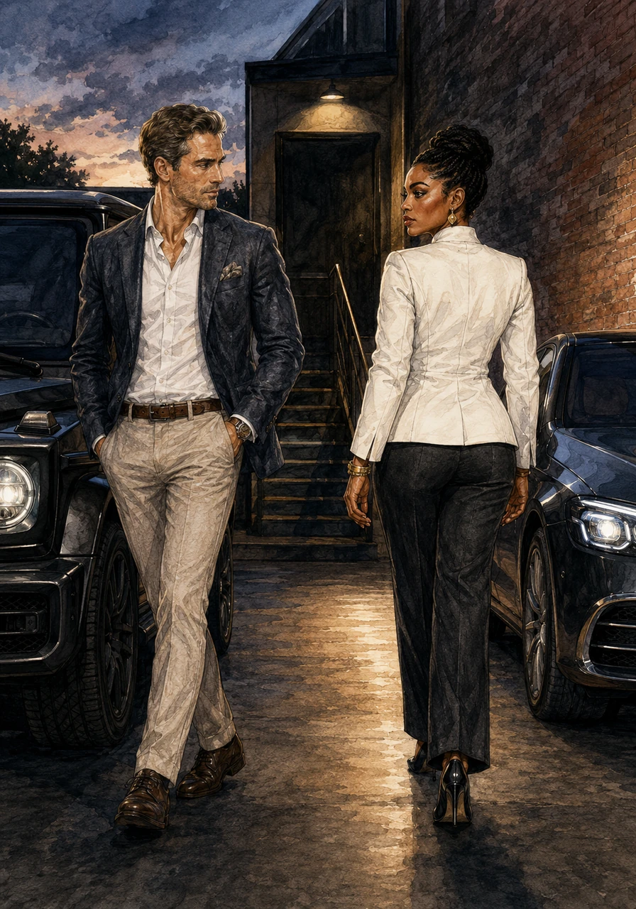 Outside the back entrance, a flash of sleek metal catches the evening light as Jonathan parks his matte-black G-Wagon next to Mbali's elegant luxury Mercedes. They cross paths on the walkway, both fiercely independent and successful in their own right, exchanging a charged glance that says everything their pride won't allow them to voice.
