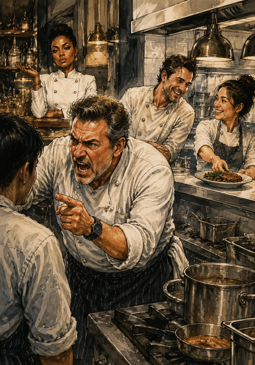 In the main kitchen, the atmosphere is loud and chaotic under the command of Head Chef William Butcher, who loudly berates a line cook while his girlfriend, head bartender Maeve, watches with an uncaring shrug from the service bar. In stark contrast, the fun-loving sous chef Frenchie laughs nearby, sharing a quick, bright moment with his girlfriend Kimiko as she picks up an order of mains.