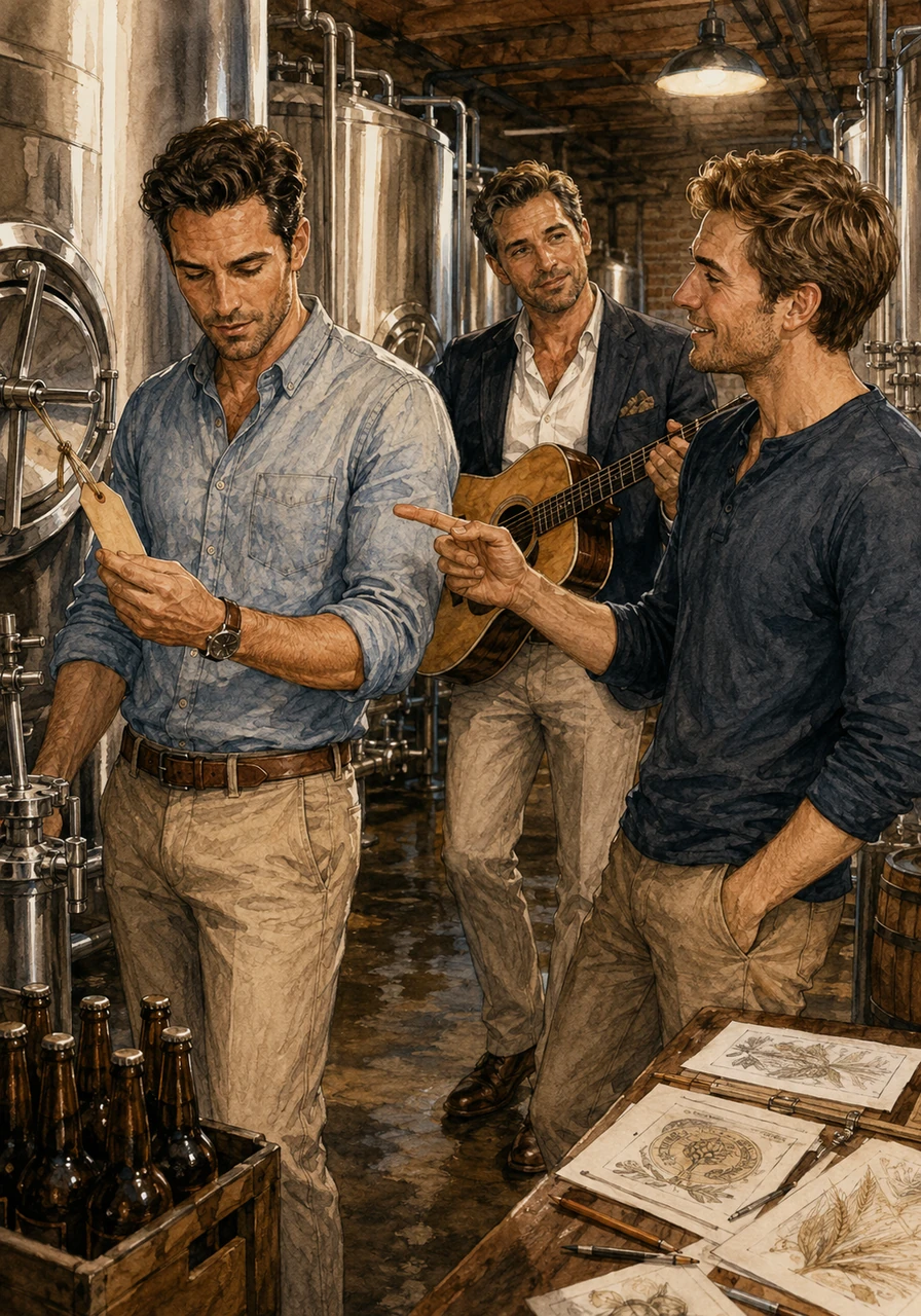 Down in the bustling basement brewery, Jonathan works alongside his older brother Max and younger brother Todd, checking the fermentation tags on a new craft ale. Todd gently ribs Jonathan about his obvious soft spot for Mbali, while Max pauses from sketching a new label design to strum a chord on his guitar, reminding them of the band practice they are missing.
