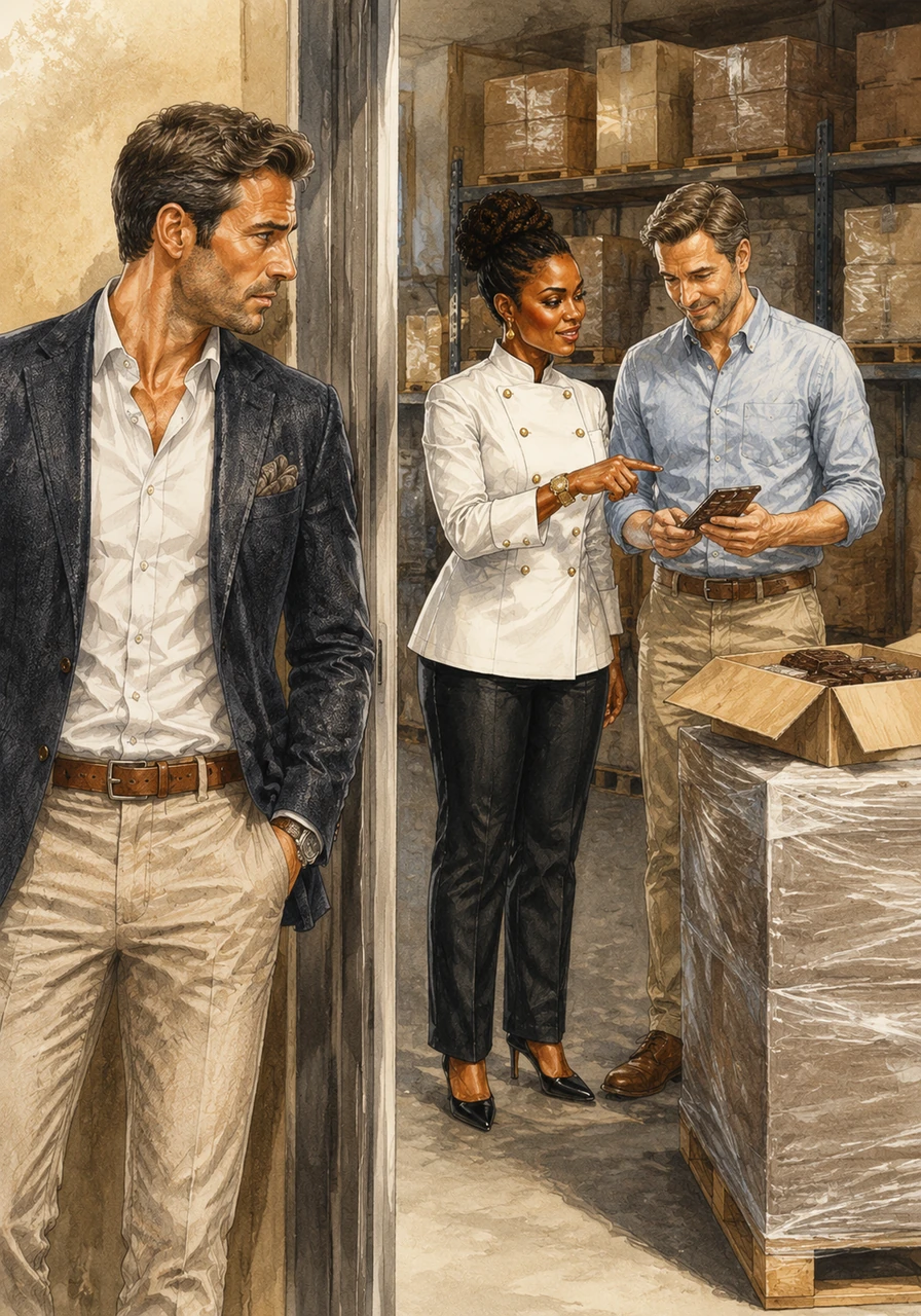 The next afternoon, Mbali stands by the dry storage room with Todd, her preferred and much more approachable boss, pointing out a discrepancy in the specialty chocolate shipment. Jonathan walks past the open doorway and stops in his tracks, feeling a sudden, unexpected pang of jealousy at how easily Mbali smiles and communicates with his younger brother.