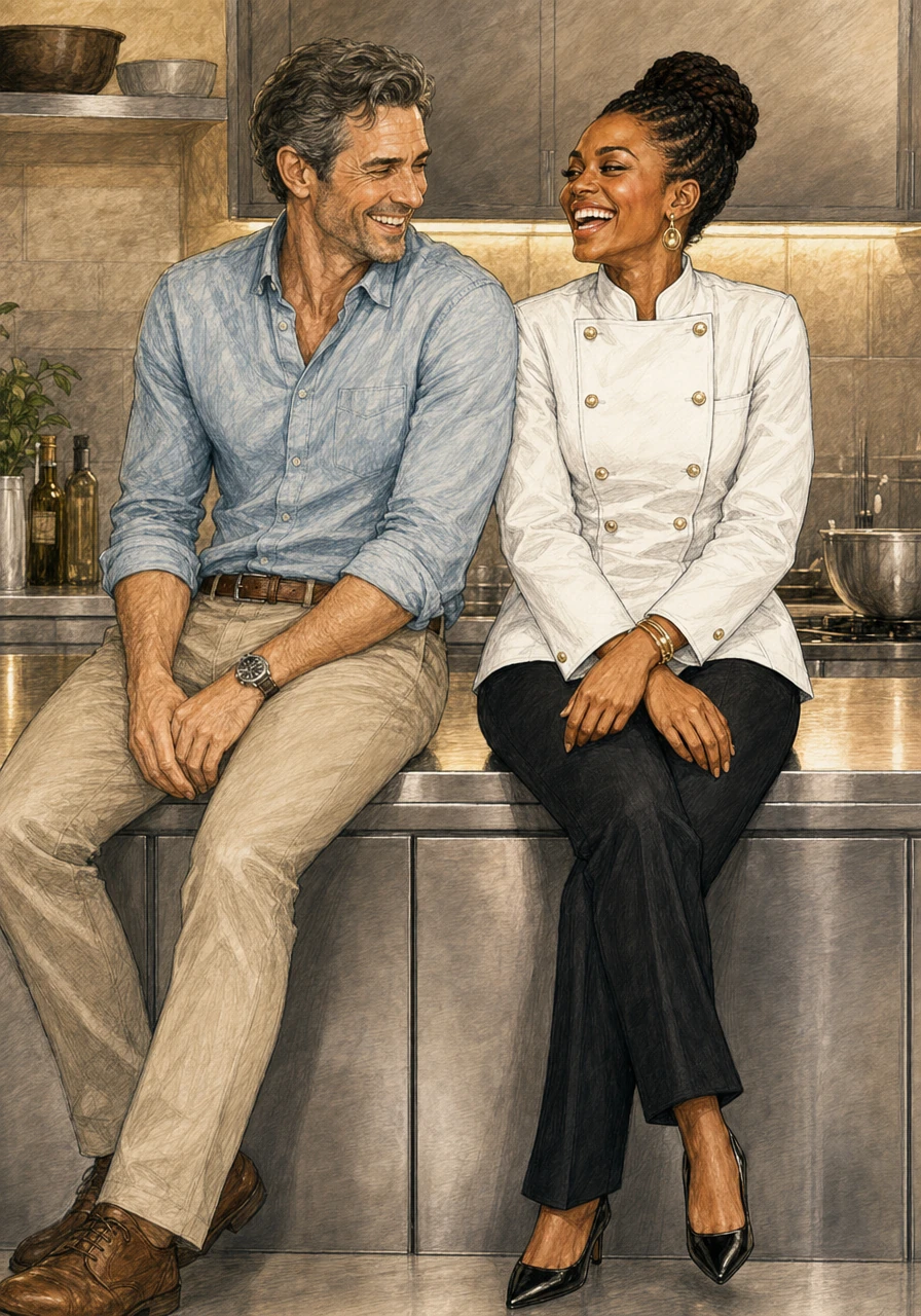 Sitting side by side on the clean stainless steel counters, Jonathan and Mbali share a rare, peaceful moment of laughter, the walls between them finally beginning to crumble. Though the future remains unwritten and their tempers are bound to flare again, the shared warmth in the quiet kitchen hints that this fiery recipe might just yield something sweet.