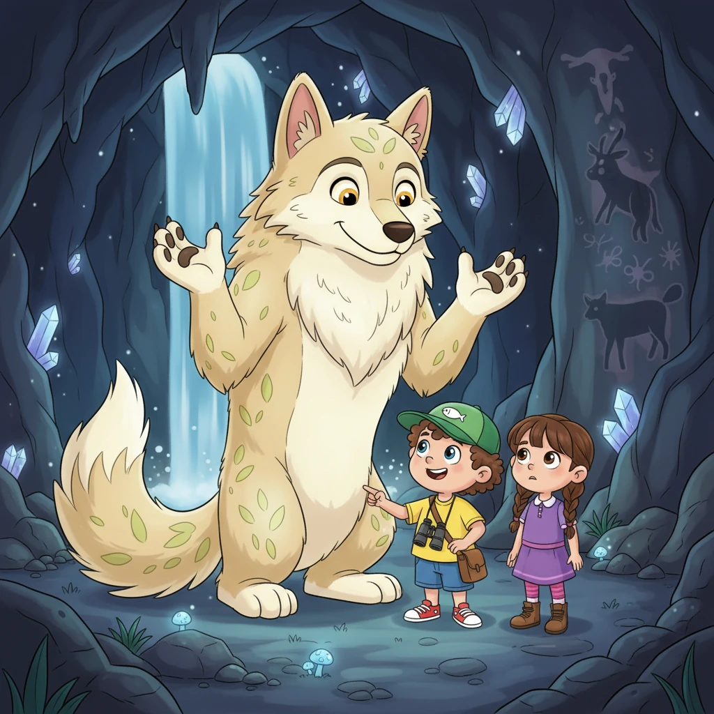 W środku jaskini, ku ich zaskoczeniu, czeka na nich niezwykły mieszkaniec. To Isakin, leśny stworek przypominający dostojnego wilka, ale o miękkim futrze i mądrych oczach. Isakin wita ich z uśmiechem, jego głos jest łagodny i melodyjny, zupełnie niegroźny. Dzieci są zachwycone i trochę onieśmielone jego obecnością.