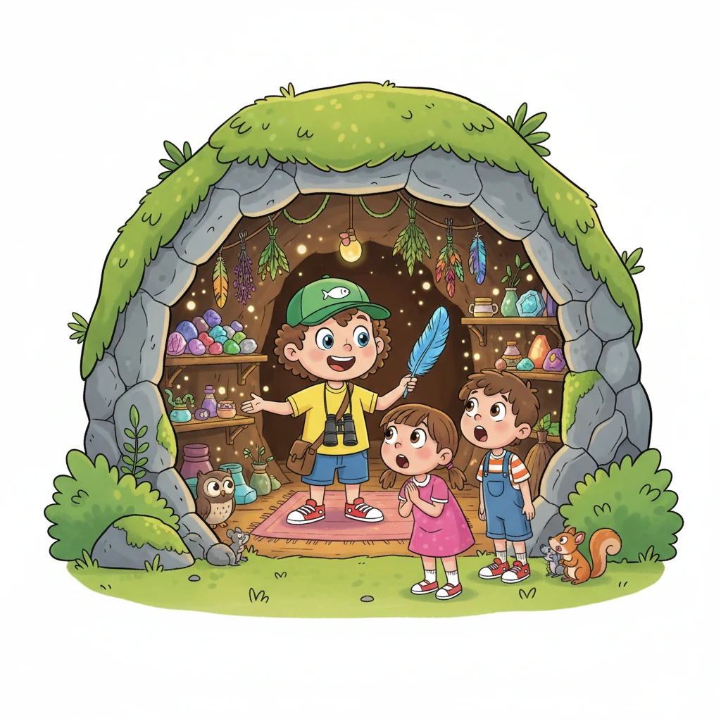 Isakin, widząc ich zdziwienie, zaprasza dzieci do środka jaskini, która okazuje się być przytulnym leśnym domkiem. Pokazuje im swoje skarby: błyszczące kamienie, suszone zioła i piękne pióra. Opowiada im o życiu w lesie, o zmieniających się porach roku i o wszystkich stworzeniach, które nazywają to miejsce domem. Dzieci słuchają z otwartymi ustami, zafascynowane jego opowieściami.