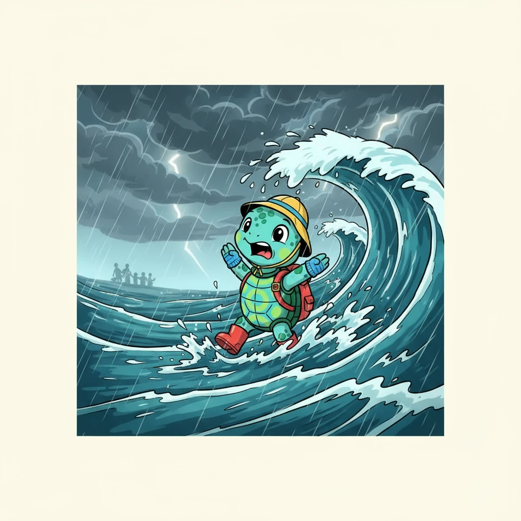 The big storm roared, and little Tuga was swept away from her family. Waves crashed all around, making her small shell bob like a tiny boat. Fear filled her heart as she drifted further and further from the familiar shore.
