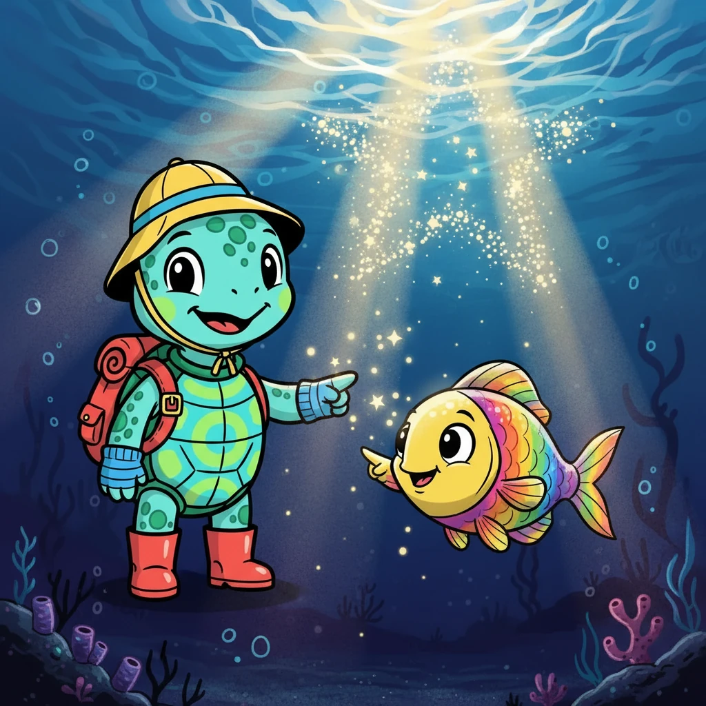 Suddenly, Tuga met Pico, a curious fish with shimmering scales. Pico taught her not to be afraid of the dark depths. He showed her how to find the shimmering sunlight filtering through the water, a guiding star.