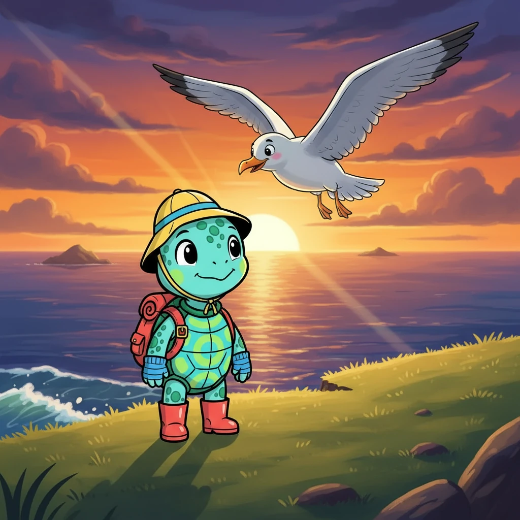 As the sun began to set, Tuga saw Luna, a kind seagull, soaring above. Luna told her to never give up, that love would always guide her home. Luna's words filled Tuga with hope.