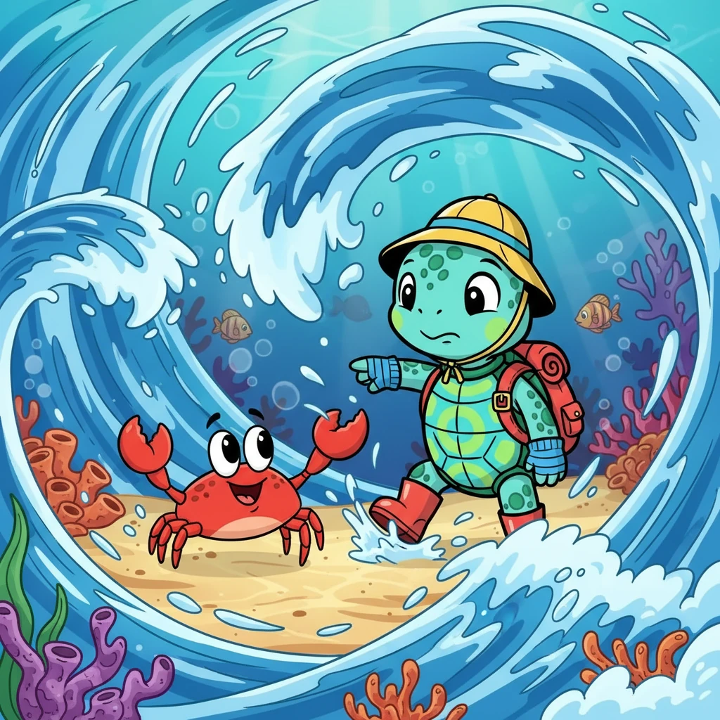 The waves grew stronger, and Tuga felt lost again, until she met Cris, a funny crab. Cris showed her how to move sideways, navigating the powerful currents. Tuga learned to use her strength and determination.