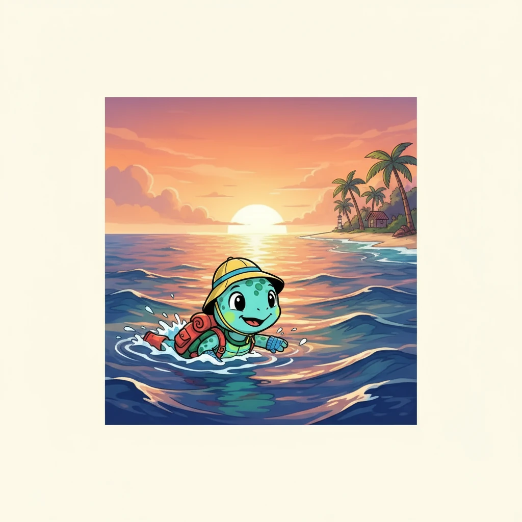 Following the direction of the setting sun, Tuga swam and swam until she saw a familiar sight. The shoreline, her home, became visible in the distance. Her heart leaped with joy.