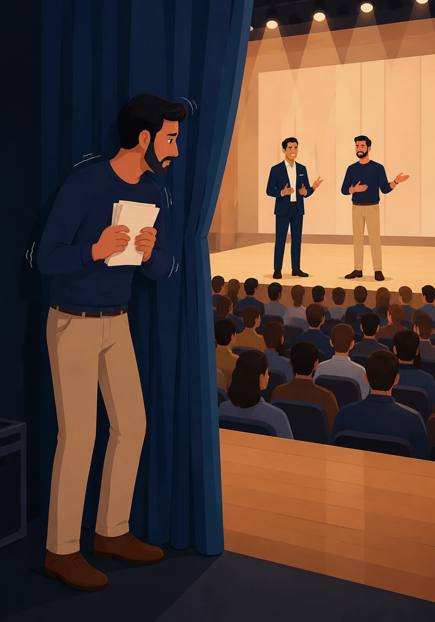 Leo stands backstage, clutching his notes with trembling hands as he peers through the curtain at the waiting crowd. He feels small and overwhelmed, realizing that his words alone might not be enough to reach the people in the room.