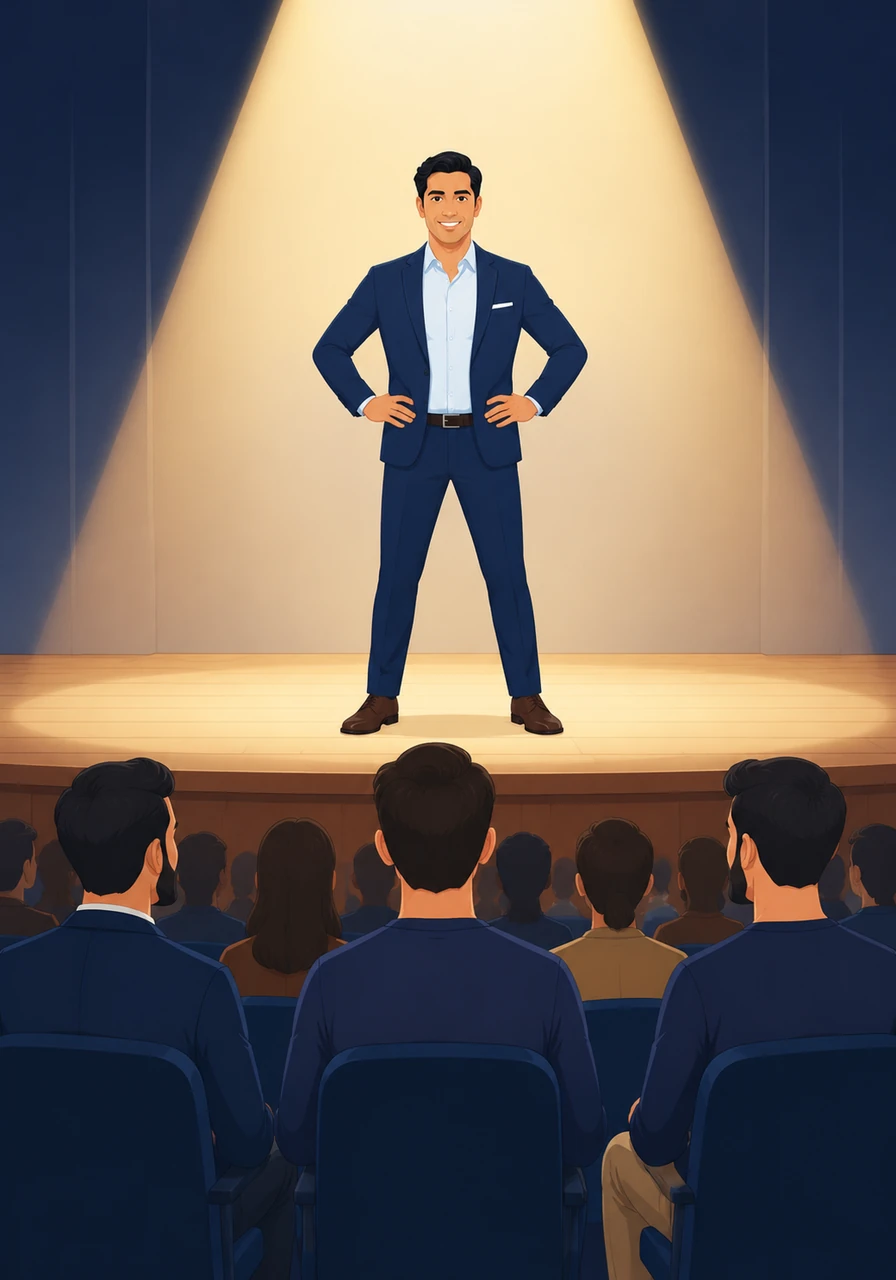 Walking onto the brightly lit stage, Leo stops at the center and holds a confident power pose for two seconds. He does not rush to speak, instead allowing the silence to establish his authority and command the room's attention.