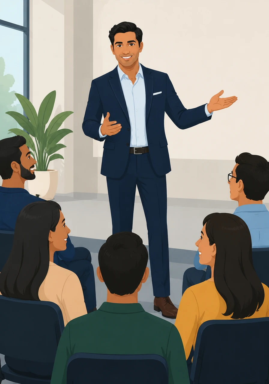 With a genuine smile, Leo makes eye contact with several people in the audience, creating an instant bridge of connection. He delivers his opening greeting with a vibrant energy that makes every person in the room feel seen and inspired.