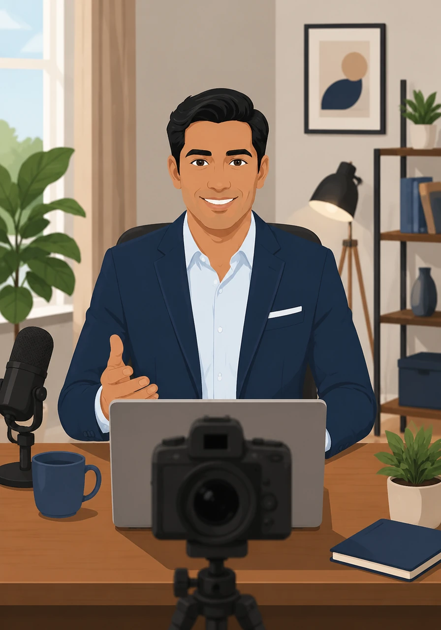 Transitioning to his home studio, Leo prepares for a global virtual meeting by focusing his gaze directly into the camera lens. He knows that looking at the lens, rather than the screen, is the key to making his digital audience feel his presence.