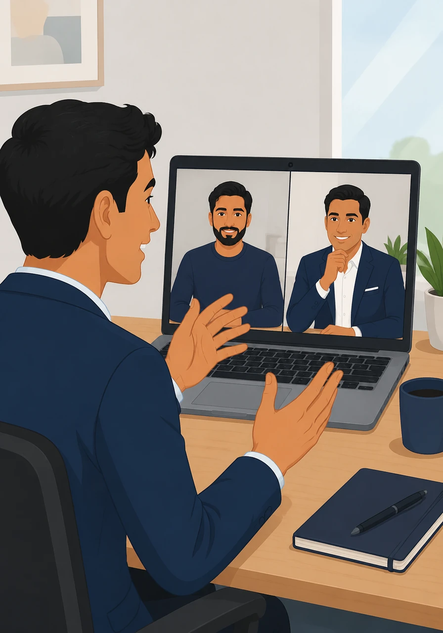 During the video call, Leo uses expressive hand gestures within the camera frame to emphasize his points and maintain a high level of engagement. His voice is slightly more energetic than usual, ensuring his enthusiasm travels through the digital space.