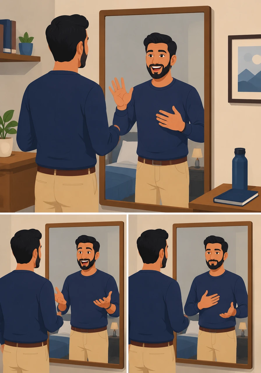 Back at home, Leo begins his daily ten-minute practice routine by standing before his bedroom mirror. He experiments with his greeting, trying it first with high energy, then with a tone of calm, steady authority to find the perfect balance.