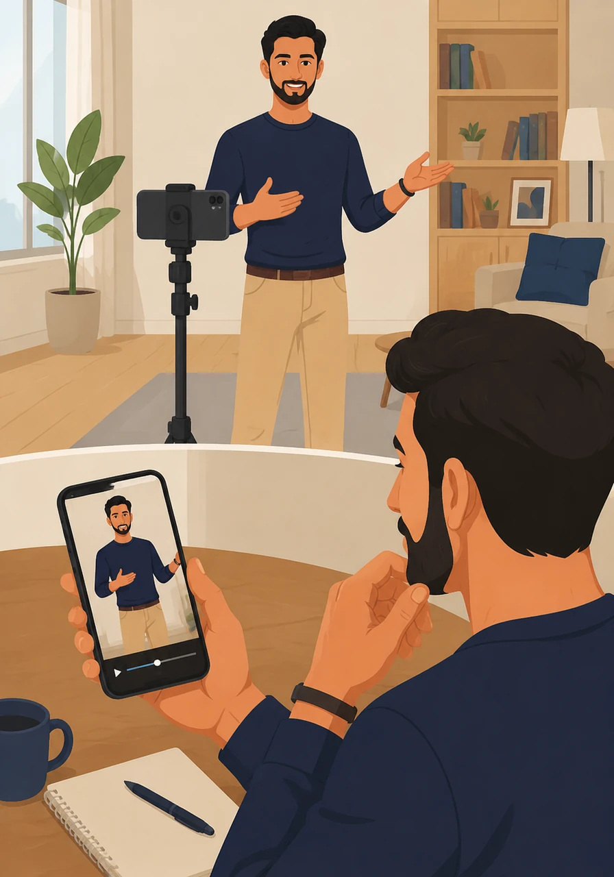 Leo uses his smartphone to record a short practice session, carefully reviewing the footage afterward to check his posture and clarity. He identifies one small thing to improve for the next day, focusing on the power of a well-timed pause.