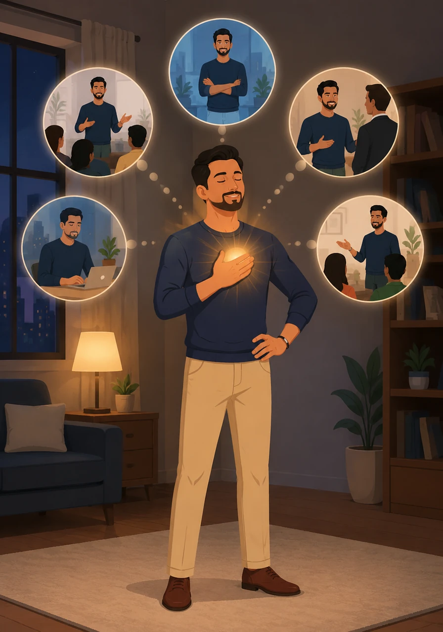 In the quiet of the evening, Leo stands with conviction and repeats his personal power mantra five times. He speaks the words 'My presence creates impact' with such certainty that he can feel his confidence growing within his chest.