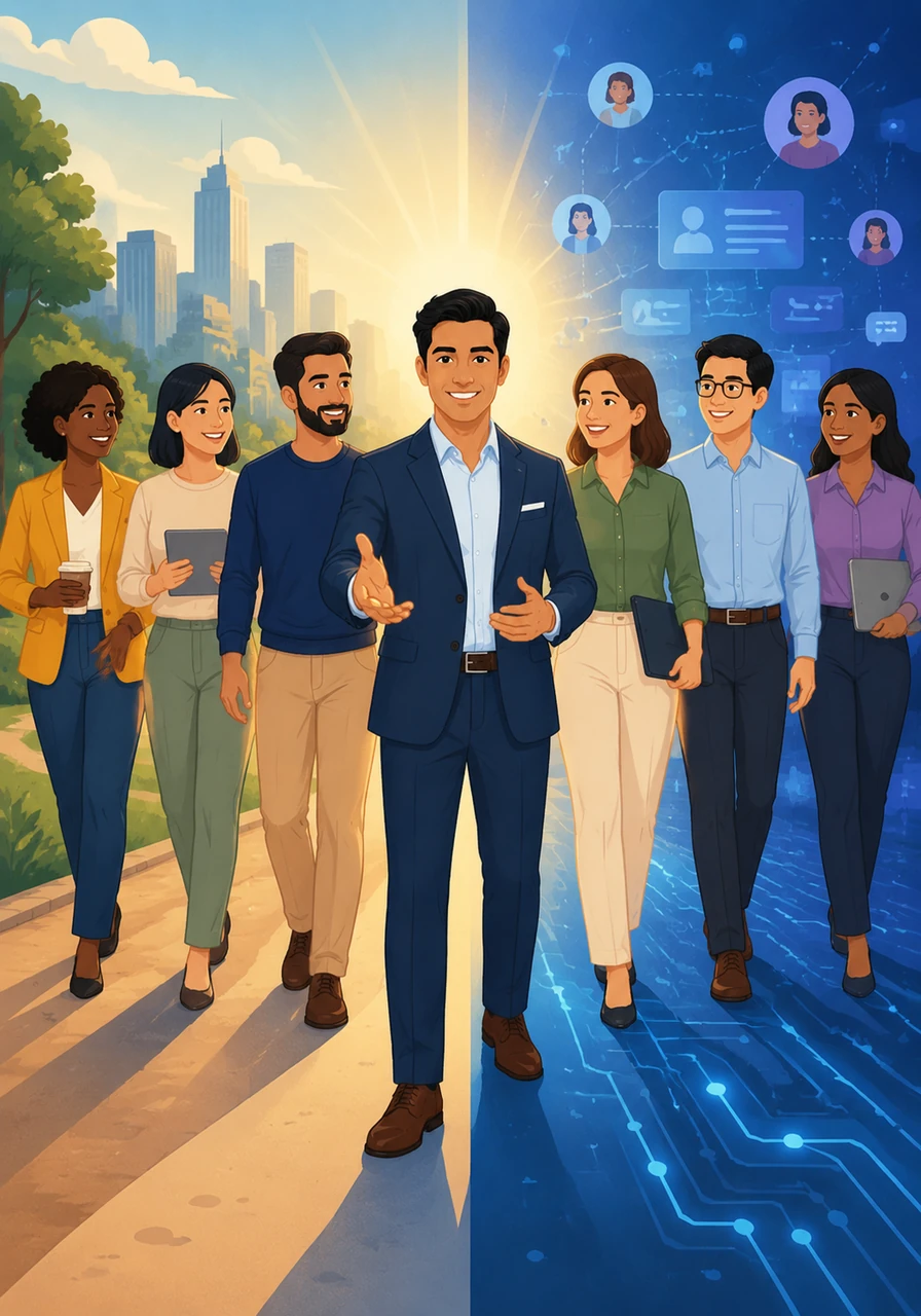 Leo stands confidently at the intersection of his physical and digital worlds, successfully leading a diverse group of people toward a shared goal. He has mastered the art of the greeting, transforming every interaction into a powerful moment of connection and inspiration.