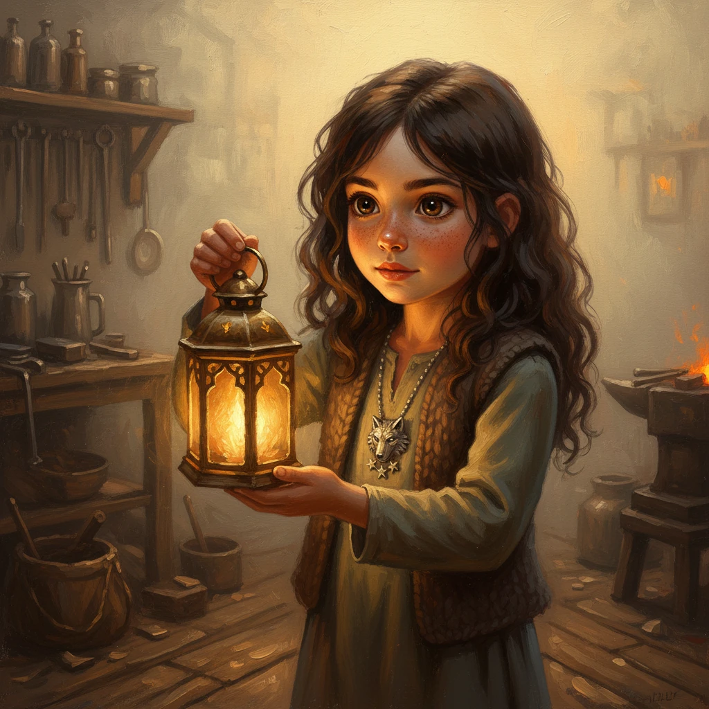 Kabut pagi yang tebal menyelimuti Grey Hollow, menyaring cahaya keemasan yang baru muncul. Di sudut bengkel pandai besi yang hangat, Luma, seorang anak berusia enam tahun dengan mata cokelat besar dan rambut gelap bergelombang, memegang lentera emas yang bercahaya. Kalung perak tua dengan ukiran serigala dan tujuh bintang terlihat di lehernya yang mungil, detailnya terlukis dengan sapuan kuas tebal di antara bayangan.