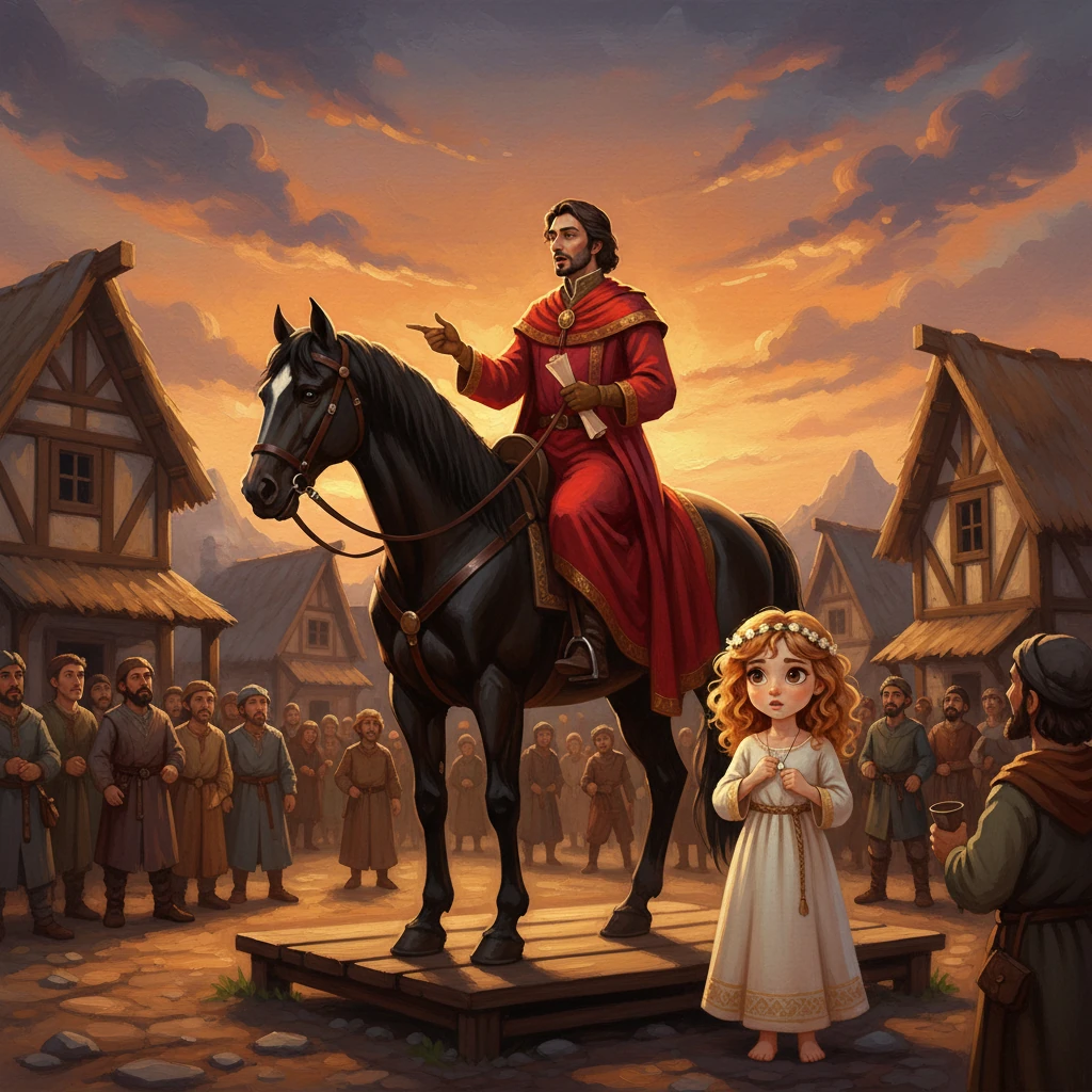 Di tengah alun-alun desa, seorang bangsawan tinggi dengan jubah merah cerah berdiri tegak di atas kudanya, siluetnya kontras dengan langit. Ia mengumumkan pencarian keturunan jenderal lama, suaranya bergema di antara rumah-rumah kayu. Luma membeku, tangannya gemetar menyentuh kalung peraknya yang kini terasa berat, sorot matanya penuh kebingungan dan ketakutan.