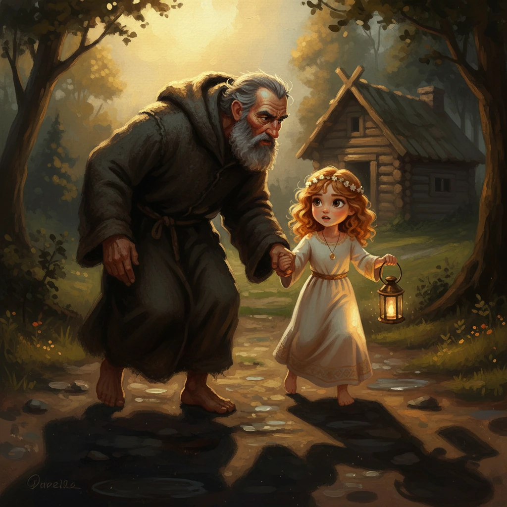 Old Bran, dengan wajah keriput yang penuh kebijaksanaan dan jubah wol tebal, muncul dari bayangan. Ia menggenggam tangan kecil Luma dengan erat, pandangan matanya intens saat membisikkan instruksi mendesak untuk masuk ke rumahnya. Mereka bergegas, bayangan panjang mereka membentang di jalan tanah yang basah, menuju gubuk kecil yang tersembunyi, lentera Luma berayun lembut.