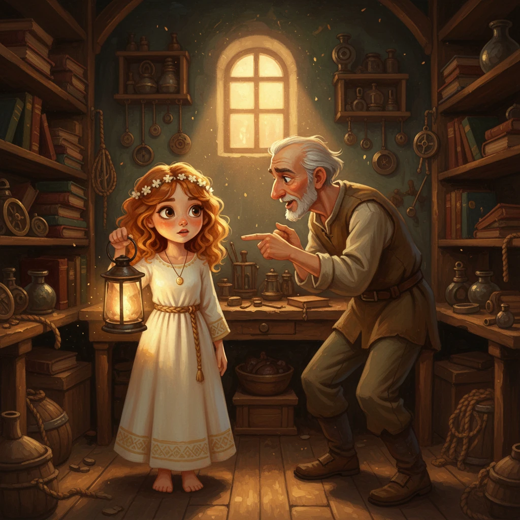 Di dalam gubuk Bran yang remang-remang, di antara tumpukan perkakas tua dan buku-buku usang, cahaya tunggal dari jendela kecil menerangi wajah Luma. Bran menunjuk kalung itu, menceritakan kisah Jenderal Caelan Stormborn dengan suara berbisik yang penuh emosi. Wajah Luma, yang dilukis dengan sapuan kuas tebal, menunjukkan perpaduan antara kebingungan dan keterkejutan. Lentera di tangannya memancarkan cahaya hangat.