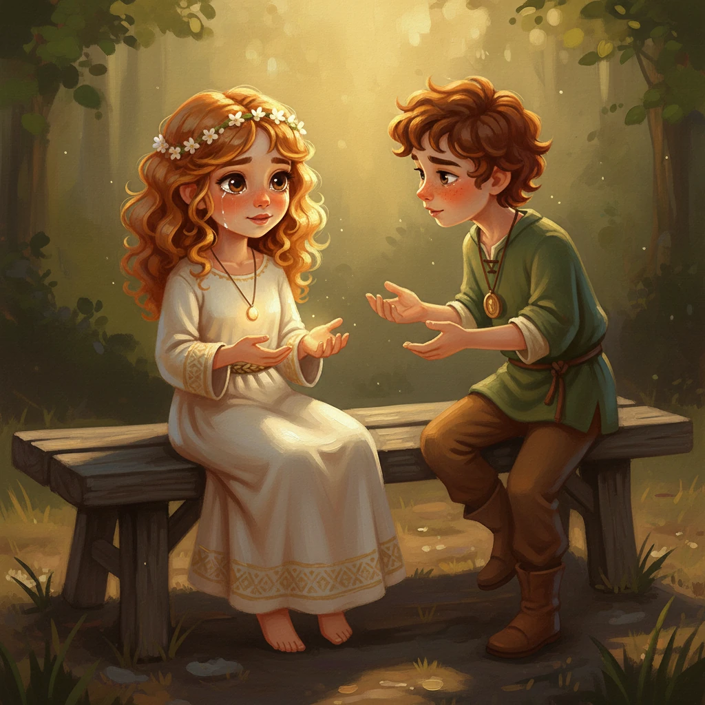 Luma duduk di bangku kayu yang kasar, kalungnya bersinar redup di telapak tangannya yang terbuka. Bran menjelaskan bagaimana bayi kecil itu, kakek Luma, diselamatkan dari pembantaian yang kejam. Cahaya dramatis menyoroti air mata yang berkaca-kaca di mata Luma, saat ia menyerap kebenaran tentang garis keturunannya yang agung dan tragis.