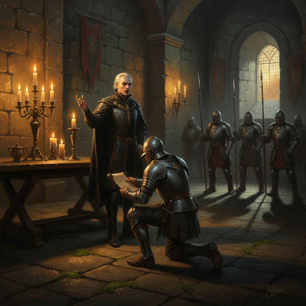 Jauh di dalam kastil batu yang dingin, Lord Varick yang berwajah pucat dan mata tajam seperti elang, menerima kabar itu dari seorang utusan. Cahaya lilin yang berkedip-kedip menari di wajahnya yang penuh perhitungan, menonjolkan garis-garis keras dan ekspresi tanpa ampun. Ia memerintahkan para prajuritnya untuk memburu keturunan Caelan, bayangan mereka memanjang di lantai batu yang gelap.