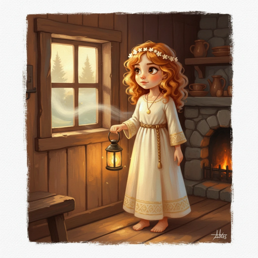 Kembali di gubuk Bran, Luma berdiri di dekat jendela, menatap kabut yang mulai menipis di luar. Kalungnya kini terasa seperti beban dan juga janji. Tekad baru terpancar dari matanya yang gelap, wajahnya yang muda kini diwarnai dengan keberanian yang baru ditemukan, siap menghadapi takdir yang menunggu. Lentera di tangannya terlihat seperti bintang kecil.