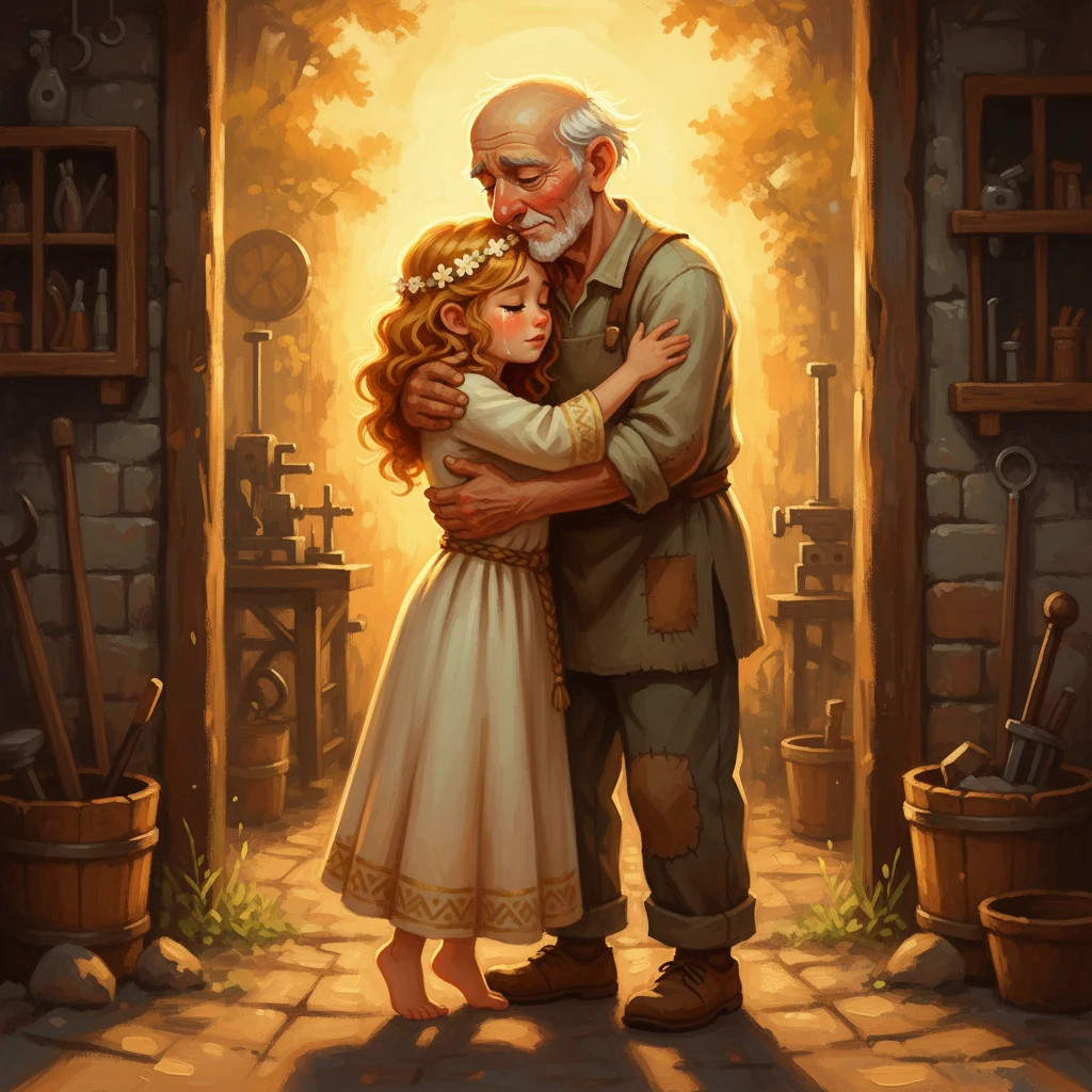 Dengan berat hati, Luma mengucapkan selamat tinggal pada ayah angkatnya di ambang pintu bengkel. Ayah angkatnya, seorang pria tua dengan tangan yang kasar dan mata yang penuh kasih sayang, memeluk Luma erat. Cahaya senja keemasan menyinari adegan perpisahan yang penuh emosi, menonjolkan tekstur pakaian dan ekspresi kesedihan yang tulus.