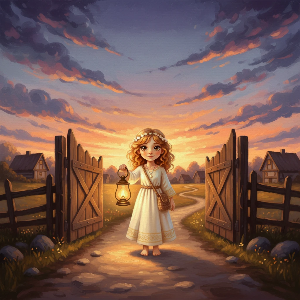 Luma melangkah keluar dari gerbang desa Grey Hollow, tas kecil tersampir di punggungnya. Lentera emas di tangan kanannya memancarkan cahaya hangat, menerangi jalan setapak di depannya. Siluetnya yang mungil terlihat kontras dengan langit senja yang dramatis, diwarnai ungu dan oranye. Jalan berliku terbentang, mengundang ke petualangan yang tidak diketahui, dengan kalung perak yang bersinar sebagai satu-satunya penuntunnya.