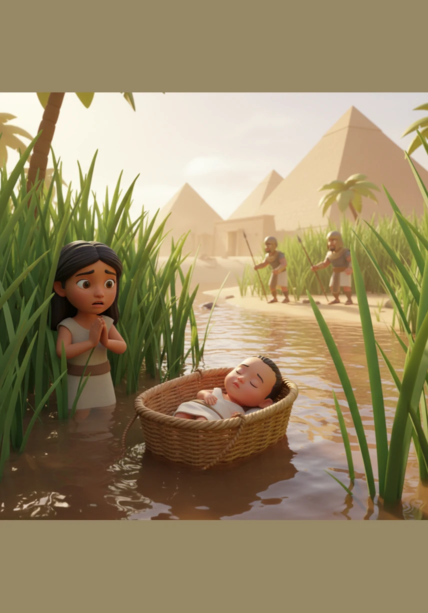 في مصر القديمة، وضعت أم خائفة طفلها الصغير موسى في سلة خشبية وتركته في نهر النيل، يحدوها الأمل في أن يحفظه الله من جنود فرعون. كانت السلة تطفو بهدوء بين نبات البردي، بينما كانت أخته تراقبه من بعيد بقلب يدعو له بالسلامة والنجاة.