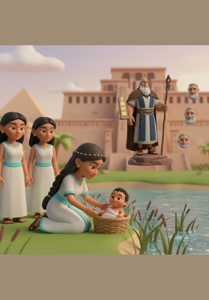 وصلت السلة إلى ضفاف قصر فرعون، حيث وجدتها زوجة الملك الطيبة آسيا وهي تتنزه. بمجرد أن رأت الطفل الجميل، وقع حبه في قلبها وقررت أن تتبناه وتعتني به كابن لها، ليعيش موسى آمناً في قلب القصر الذي كان يخشاه الجميع.
