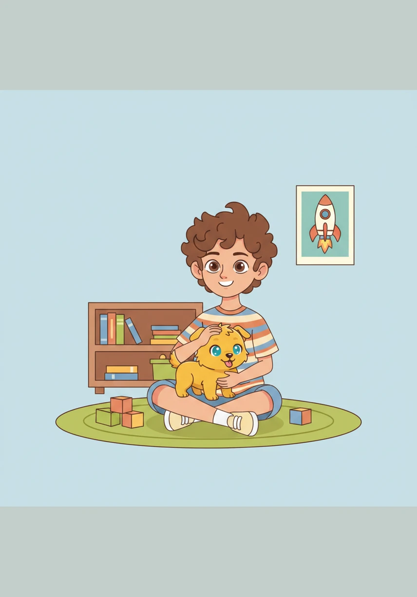 Mateo camina por el parque soleado y encuentra una caja misteriosa cerca de un gran roble. Al asomarse, descubre a un pequeño perrito de pelo dorado que lo mira con ojos brillantes y curiosos.