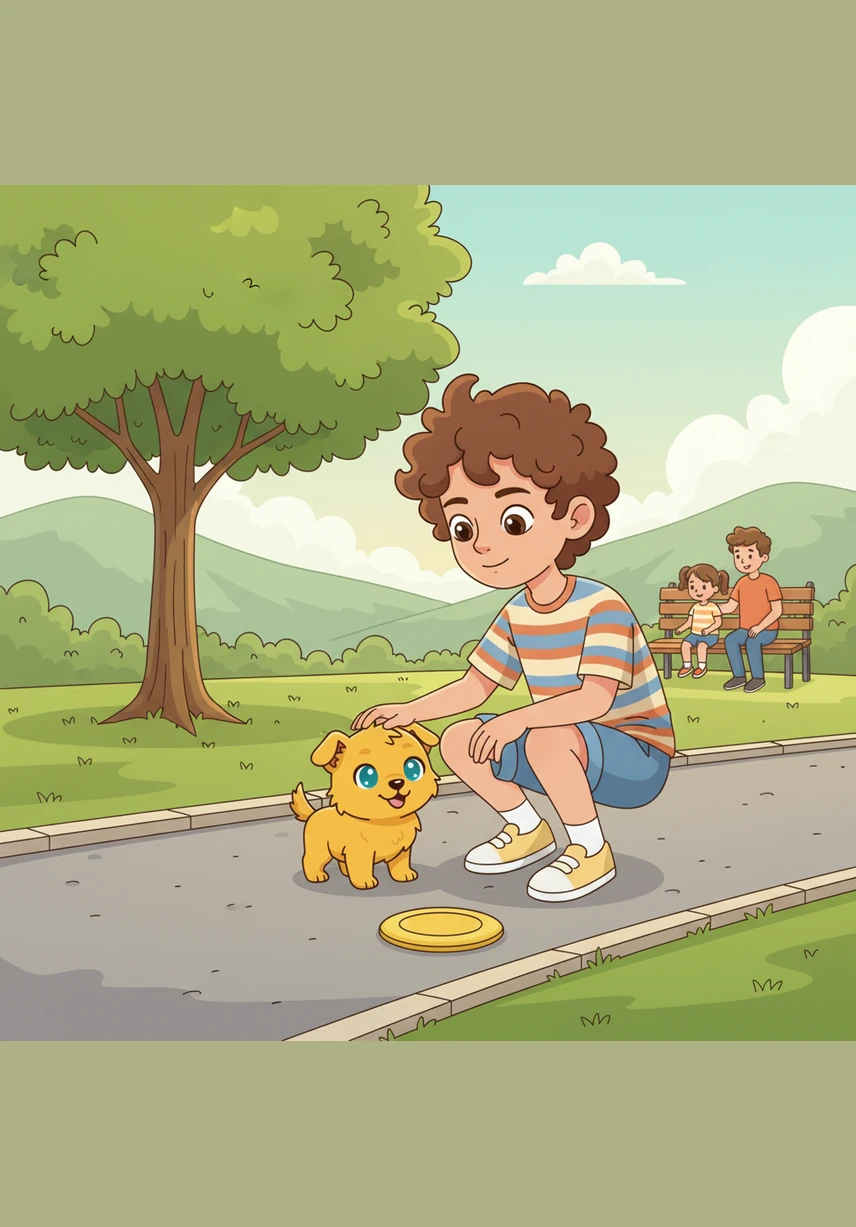 Con mucho cuidado, Mateo lleva al perrito a su casa y decide llamarlo Pelusa por su suave pelaje. El perrito mueve la cola con mucha alegría mientras explora cada rincón de su nuevo y acogedor hogar.