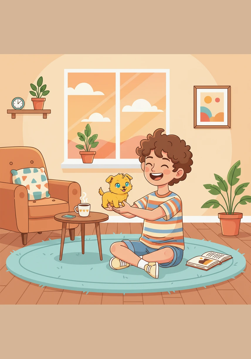 En la sala de estar, Mateo lanza una pelota roja brillante para que Pelusa la persiga con entusiasmo. Los dos corren y saltan sobre la alfombra, llenando la habitación de risas y ladridos felices.