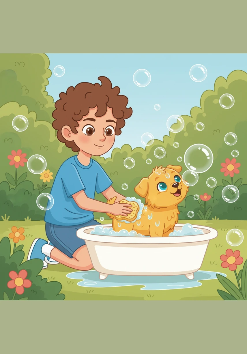 Llega el momento del baño y el jardín se llena de burbujas blancas y brillantes que flotan en el aire. Pelusa intenta atrapar las pompas de jabón con su nariz mientras Mateo lo lava con mucho cariño.