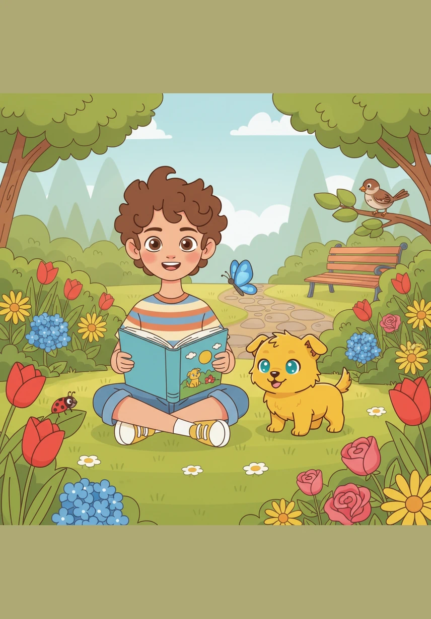 Mateo y Pelusa salen al jardín y descubren una hermosa mariposa azul que revolotea entre las flores de colores. El niño y el perro siguen el rastro de la mariposa con asombro, disfrutando de la belleza de la naturaleza.