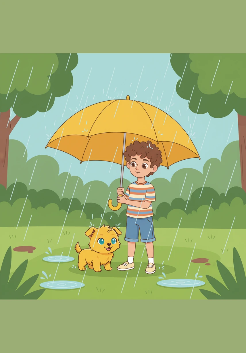 De repente, empieza a caer una lluvia suave y refrescante sobre el jardín verde. Mateo y Pelusa corren a refugiarse bajo un gran paraguas amarillo, escuchando el relajante sonido de las gotas al caer.