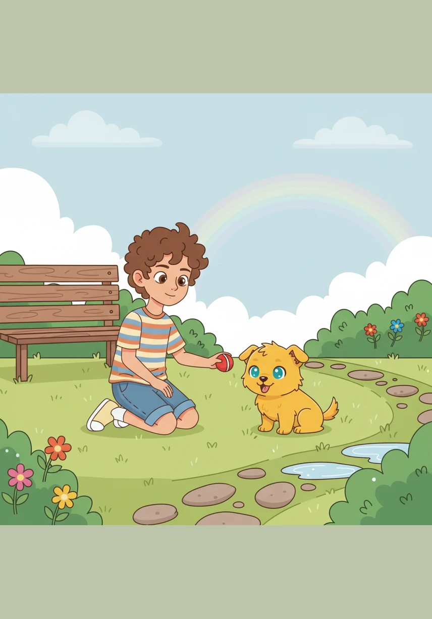 Después de la lluvia, se sientan bajo la sombra de un árbol para compartir una merienda deliciosa. Mateo le ofrece a Pelusa una galleta especial para perros mientras descansan juntos sobre la hierba fresca.